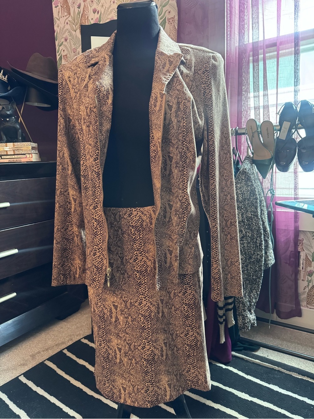 Brown Snakeskin-Print Women's Skirt and Jacket Set